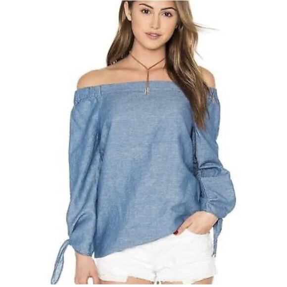 Free People show me some shoulder tie sleeve top chambray blue Size XS Bohemian - Picture 1 of 10